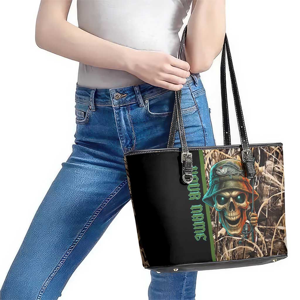 Personalized Fish Reaper Skull Leather Tote Bag Camouflage Background and Fishing Rod Graphic Design - Wonder Print Shop
