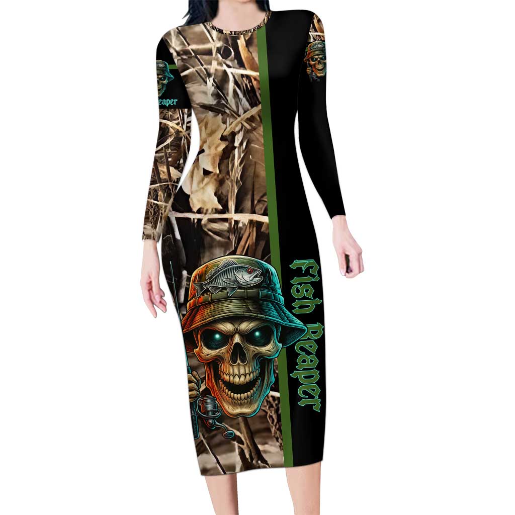 Personalized Fish Reaper Skull Long Sleeve Bodycon Dress Camouflage Background and Fishing Rod Graphic Design - Wonder Print Shop