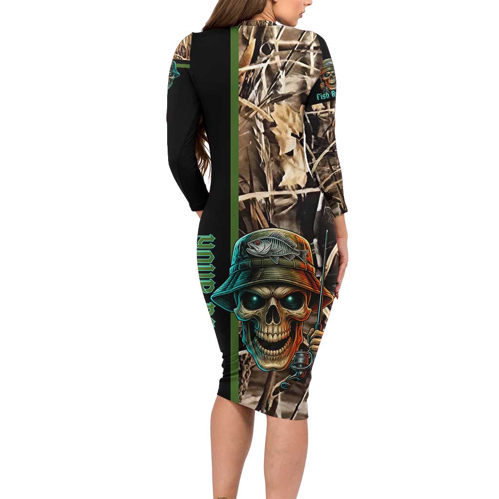 Personalized Fish Reaper Skull Long Sleeve Bodycon Dress Camouflage Background and Fishing Rod Graphic Design - Wonder Print Shop