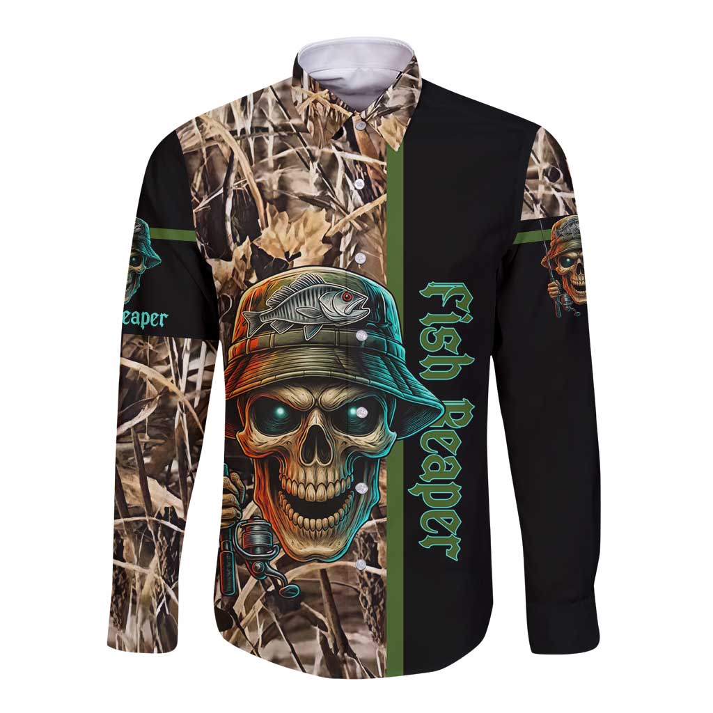 Personalized Fish Reaper Skull Long Sleeve Button Shirt Camouflage Background and Fishing Rod Graphic Design - Wonder Print Shop