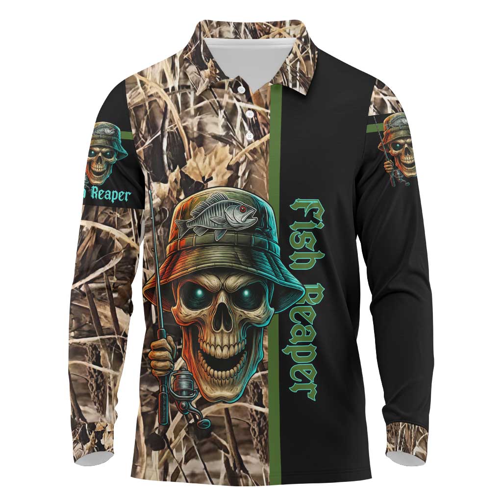 Personalized Fish Reaper Skull Long Sleeve Polo Shirt Camouflage Background and Fishing Rod Graphic Design - Wonder Print Shop