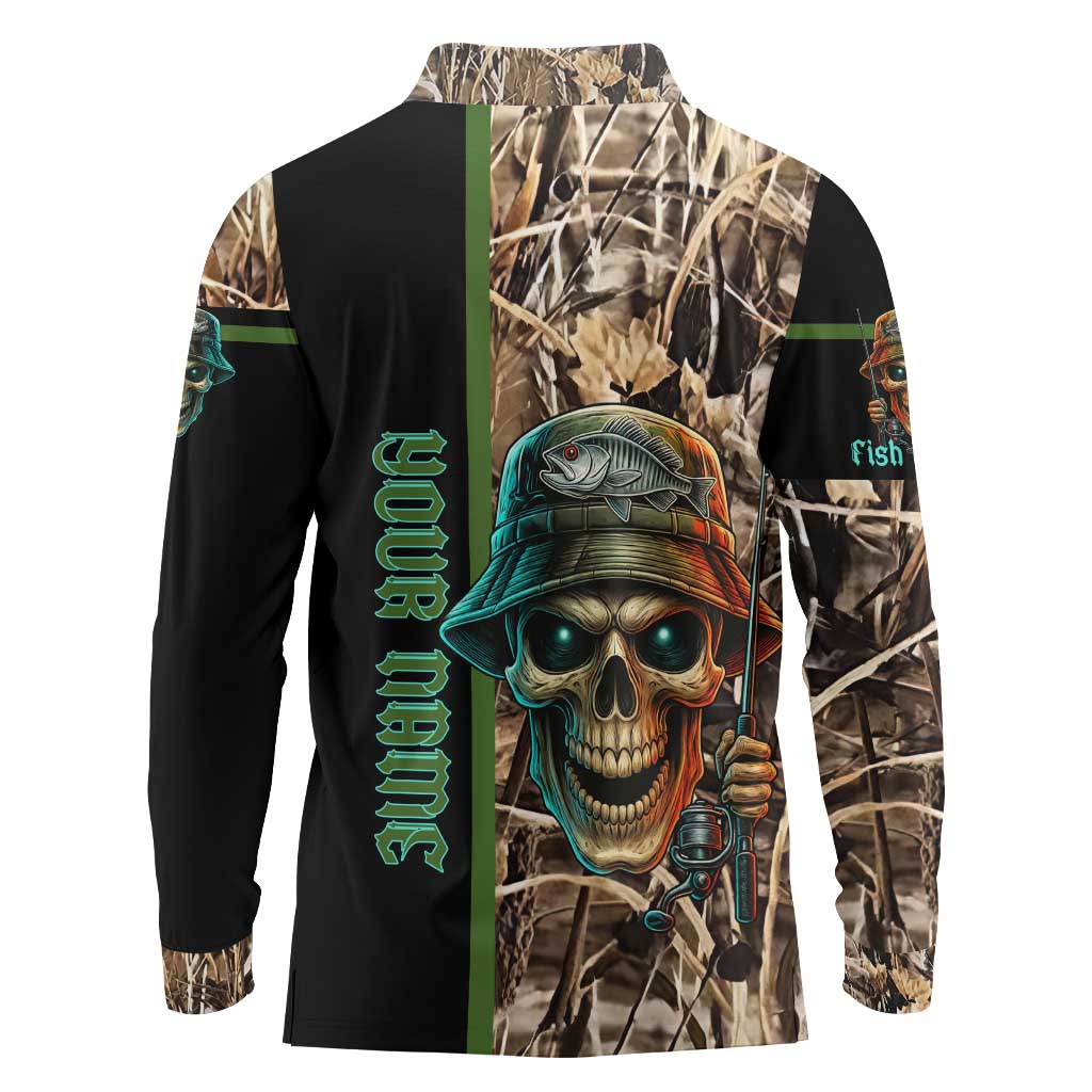 Personalized Fish Reaper Skull Long Sleeve Polo Shirt Camouflage Background and Fishing Rod Graphic Design - Wonder Print Shop