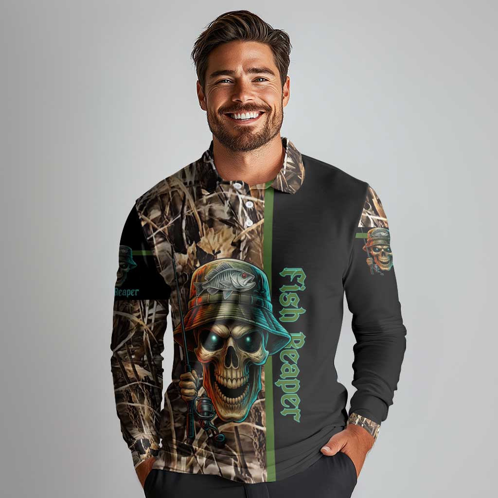 Personalized Fish Reaper Skull Long Sleeve Polo Shirt Camouflage Background and Fishing Rod Graphic Design - Wonder Print Shop