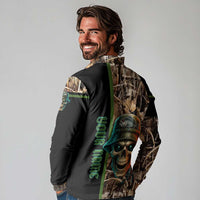 Personalized Fish Reaper Skull Long Sleeve Polo Shirt Camouflage Background and Fishing Rod Graphic Design - Wonder Print Shop