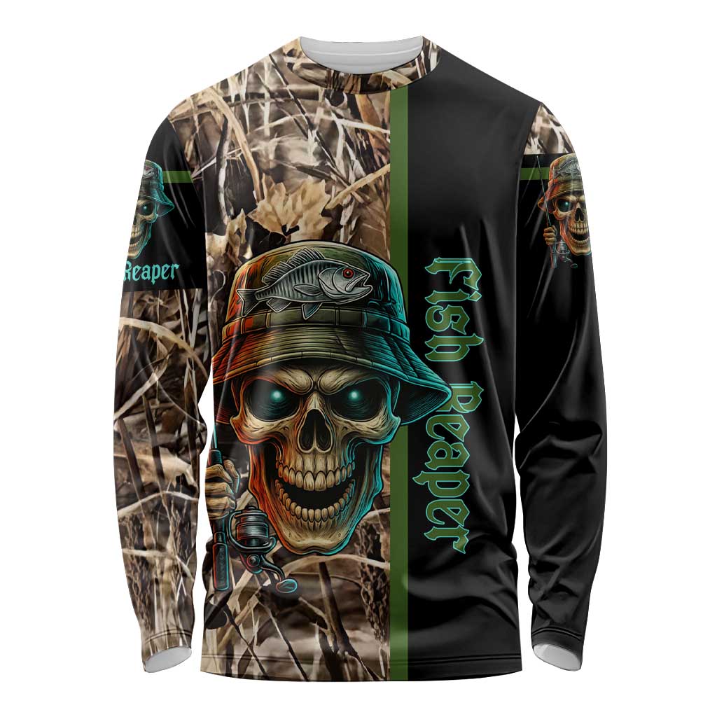 Personalized Fish Reaper Skull Long Sleeve Shirt Camouflage Background and Fishing Rod Graphic Design - Wonder Print Shop