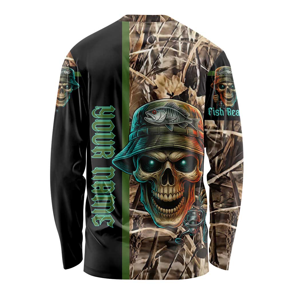 Personalized Fish Reaper Skull Long Sleeve Shirt Camouflage Background and Fishing Rod Graphic Design - Wonder Print Shop