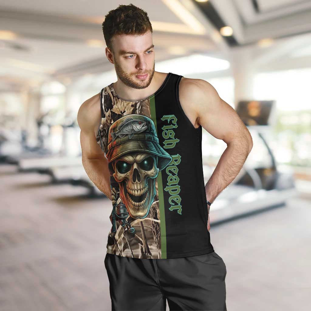 Personalized Fish Reaper Skull Men Tank Top Camouflage Background and Fishing Rod Graphic Design - Wonder Print Shop