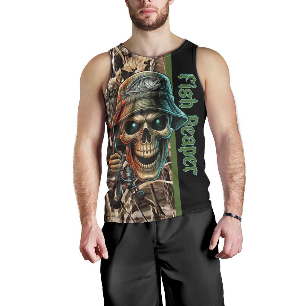 Personalized Fish Reaper Skull Men Tank Top Camouflage Background and Fishing Rod Graphic Design - Wonder Print Shop