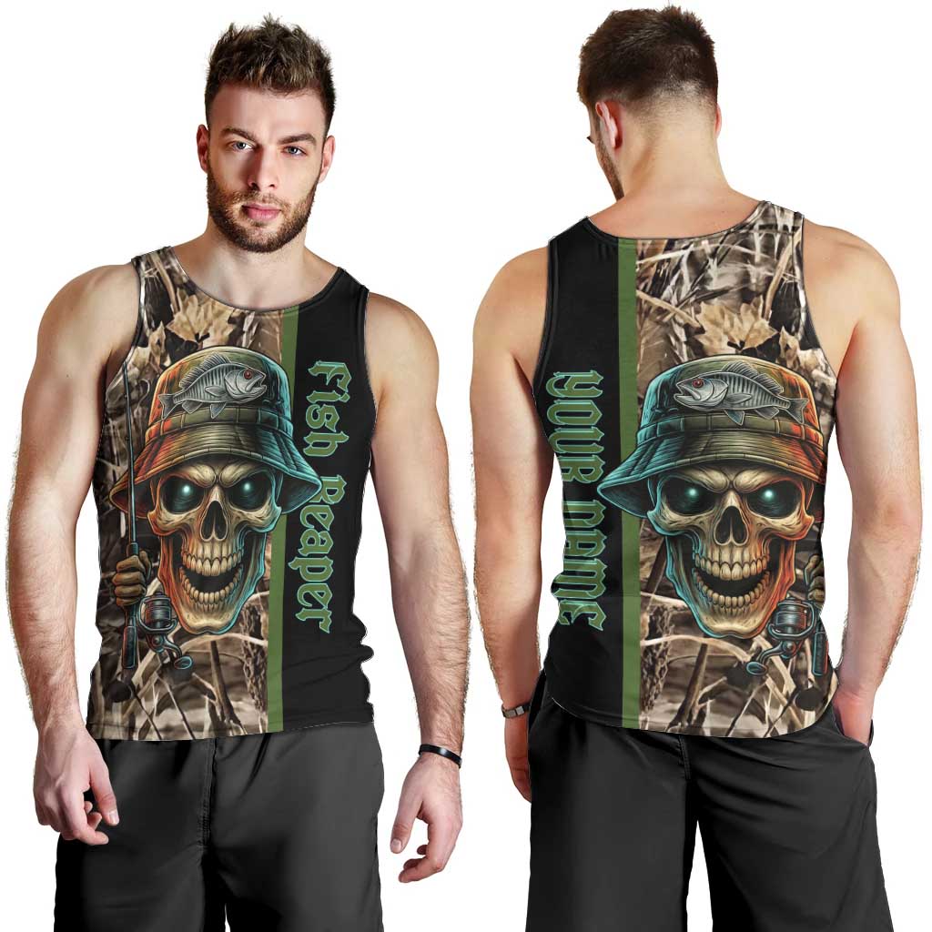 Personalized Fish Reaper Skull Men Tank Top Camouflage Background and Fishing Rod Graphic Design - Wonder Print Shop
