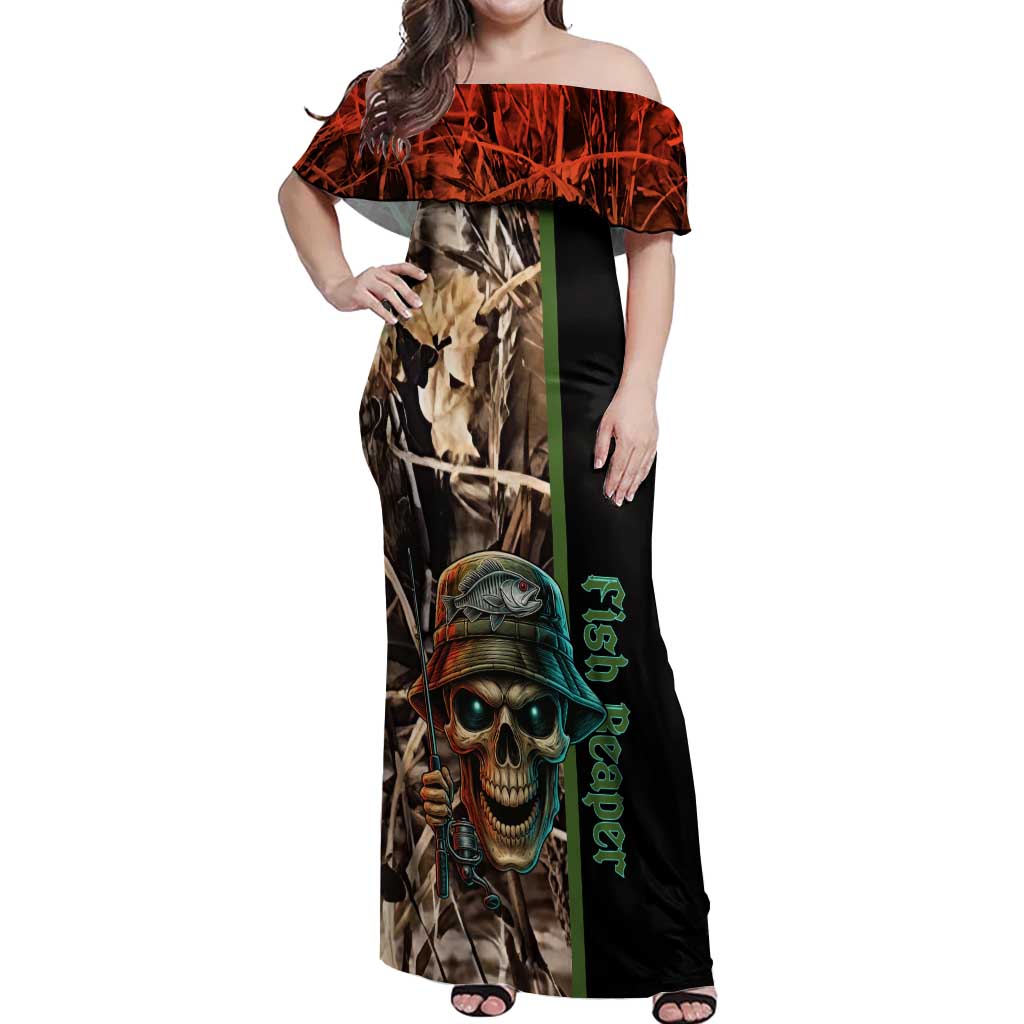Personalized Fish Reaper Skull Off Shoulder Maxi Dress Camouflage Background and Fishing Rod Graphic Design - Wonder Print Shop