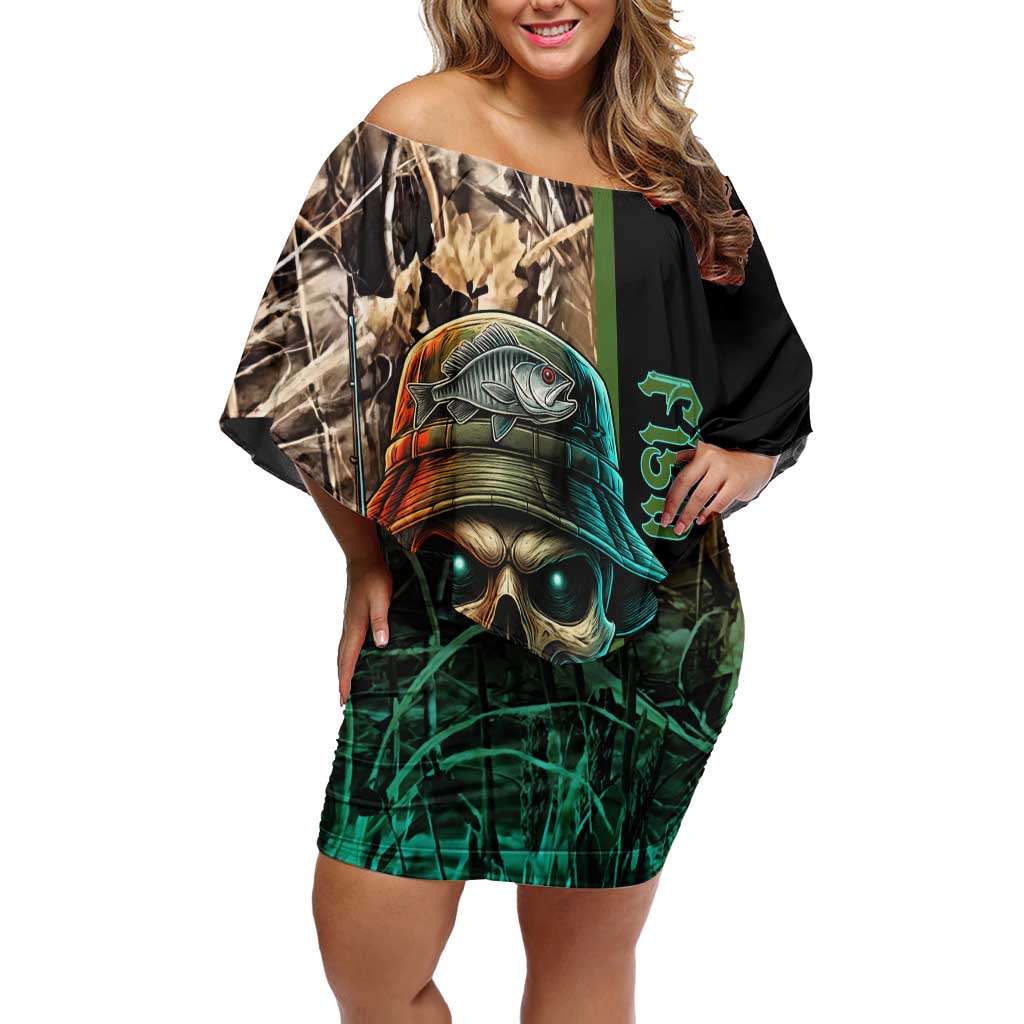 Personalized Fish Reaper Skull Off Shoulder Short Dress Camouflage Background and Fishing Rod Graphic Design - Wonder Print Shop