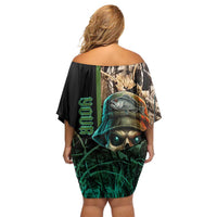 Personalized Fish Reaper Skull Off Shoulder Short Dress Camouflage Background and Fishing Rod Graphic Design - Wonder Print Shop