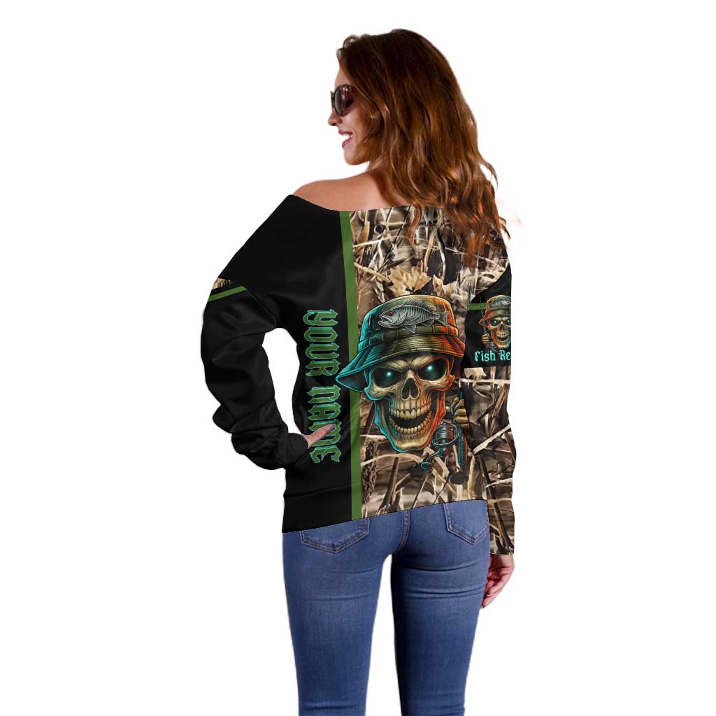 Personalized Fish Reaper Skull Off Shoulder Sweater Camouflage Background and Fishing Rod Graphic Design - Wonder Print Shop