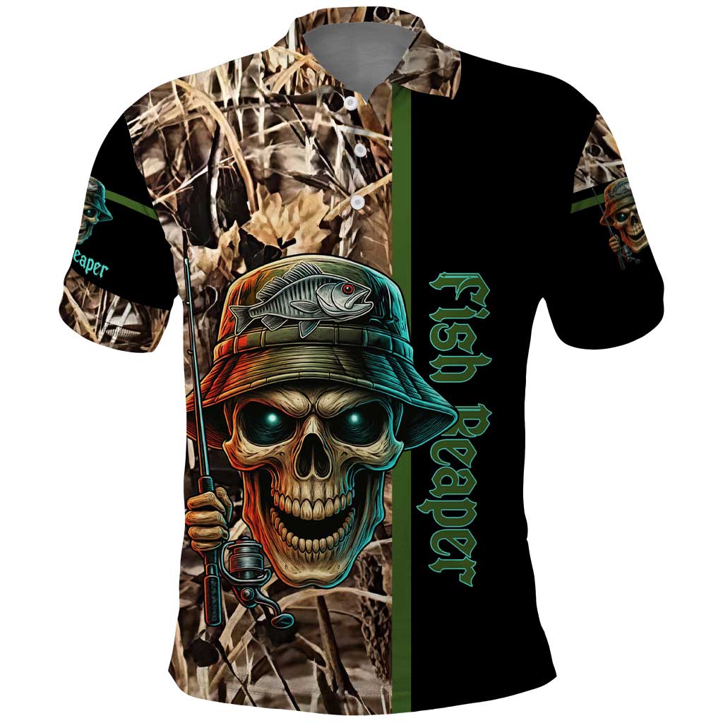 Personalized Fish Reaper Skull Polo Shirt Camouflage Background and Fishing Rod Graphic Design - Wonder Print Shop
