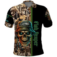 Personalized Fish Reaper Skull Polo Shirt Camouflage Background and Fishing Rod Graphic Design - Wonder Print Shop