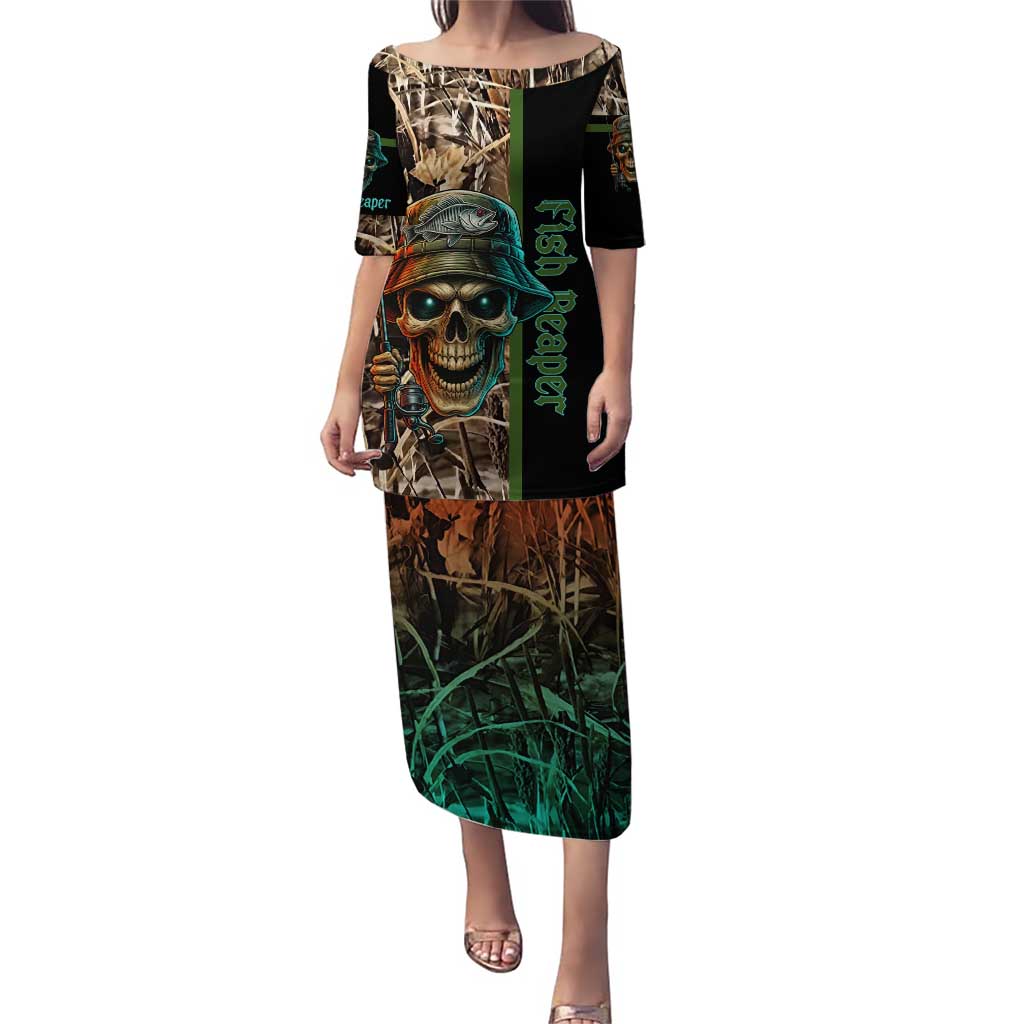 Personalized Fish Reaper Skull Puletasi Camouflage Background and Fishing Rod Graphic Design - Wonder Print Shop