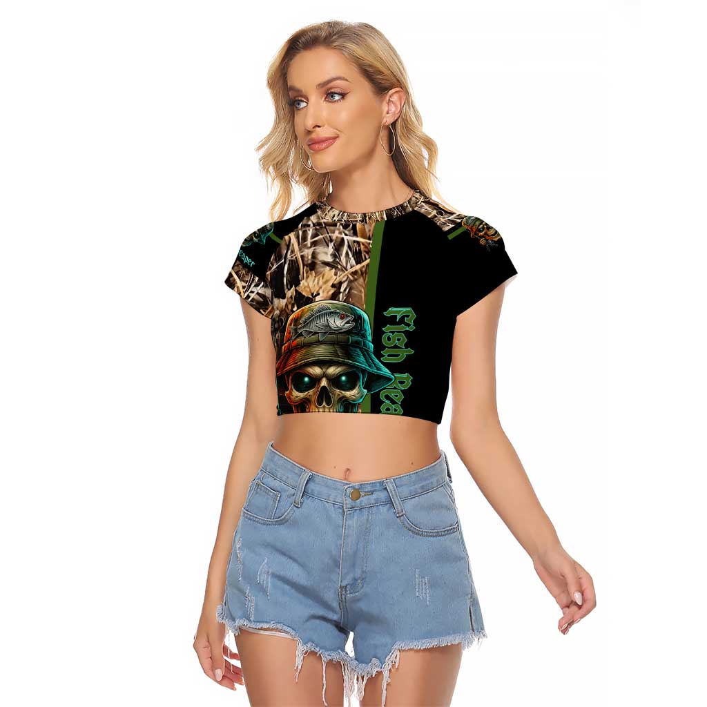 Personalized Fish Reaper Skull Raglan Cropped T Shirt Camouflage Background and Fishing Rod Graphic Design - Wonder Print Shop