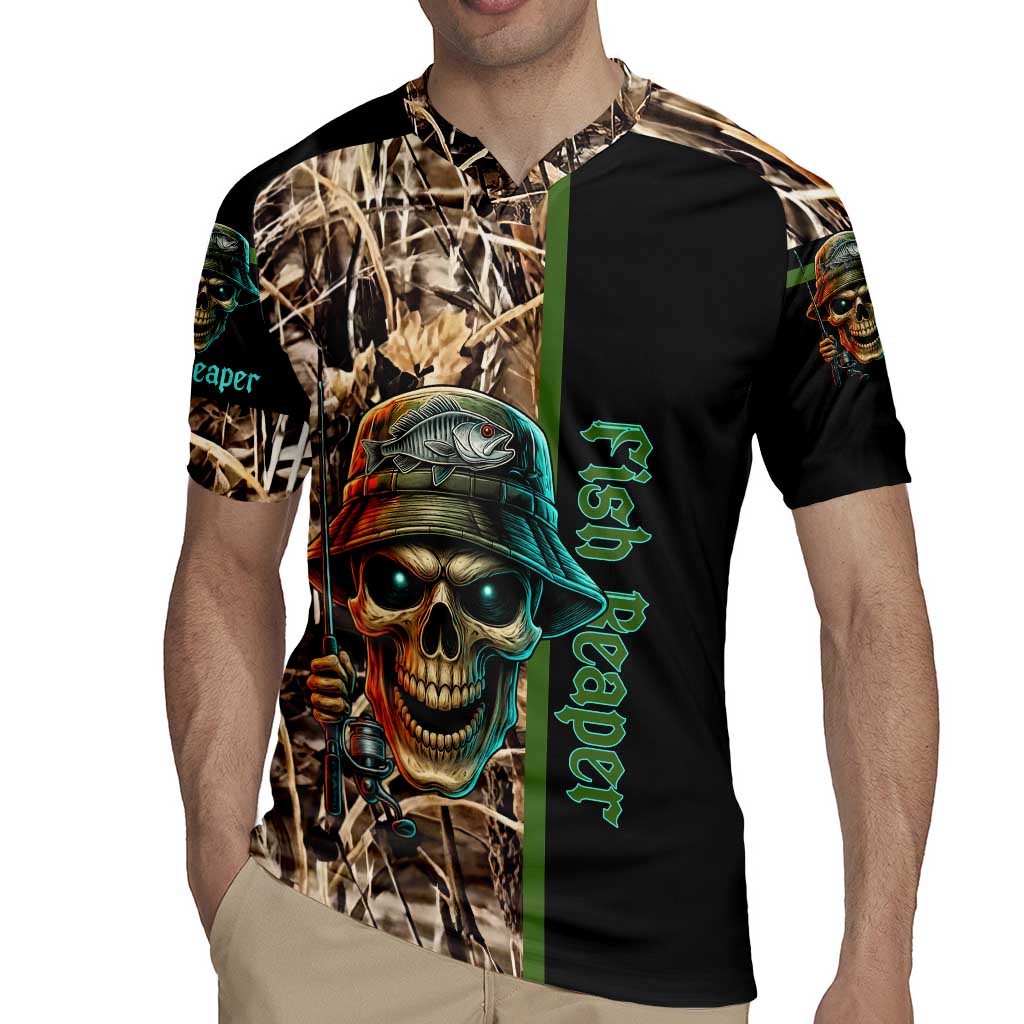 Personalized Fish Reaper Skull Rugby Jersey Camouflage Background and Fishing Rod Graphic Design - Wonder Print Shop