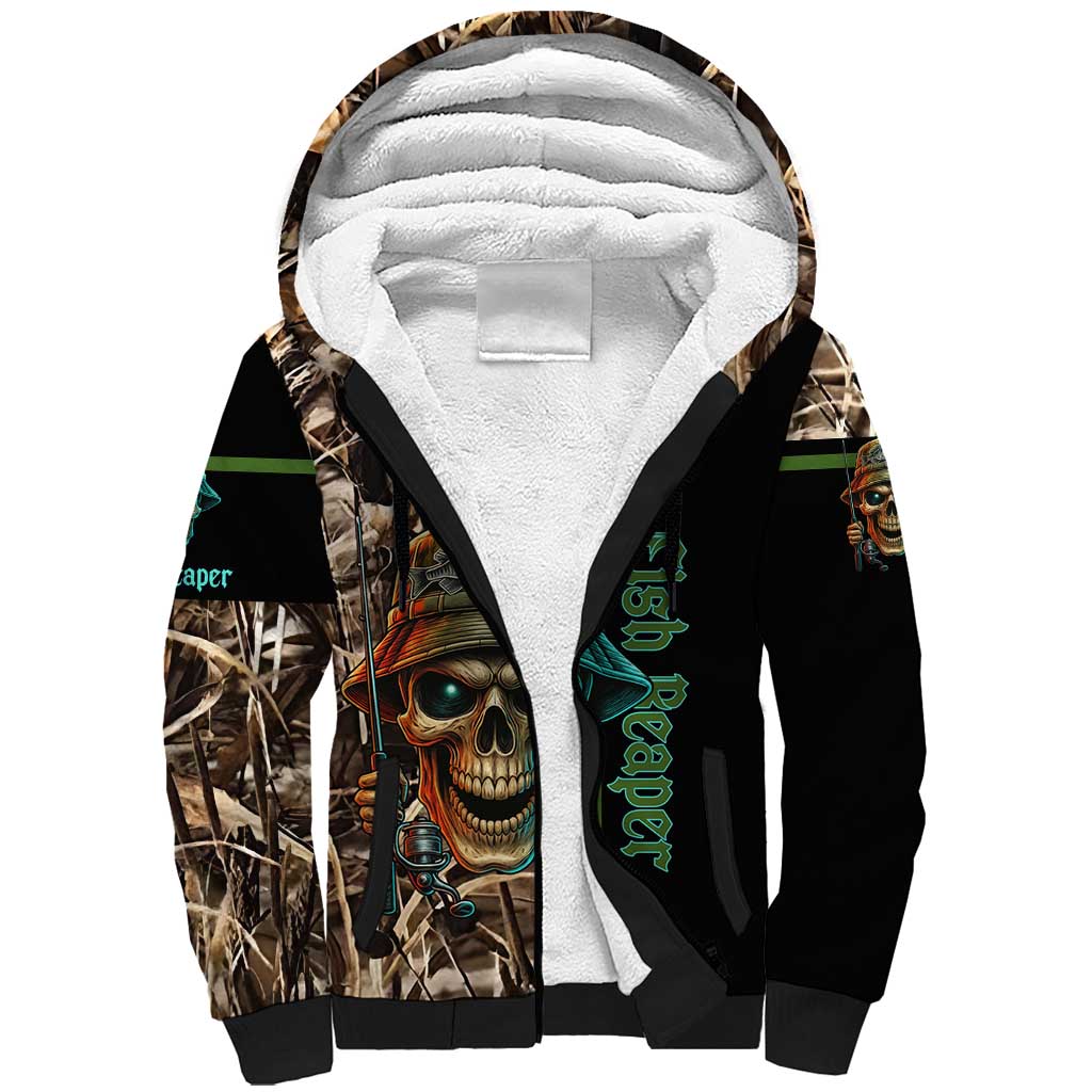 Personalized Fish Reaper Skull Sherpa Hoodie Camouflage Background and Fishing Rod Graphic Design - Wonder Print Shop