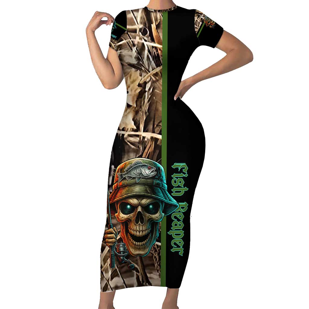 Personalized Fish Reaper Skull Short Sleeve Bodycon Dress Camouflage Background and Fishing Rod Graphic Design - Wonder Print Shop