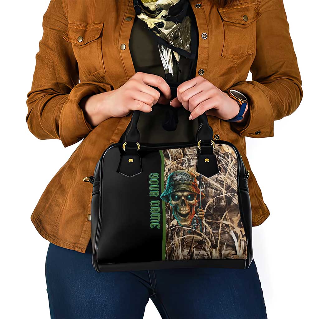 Personalized Fish Reaper Skull Shoulder Handbag Camouflage Background and Fishing Rod Graphic Design - Wonder Print Shop