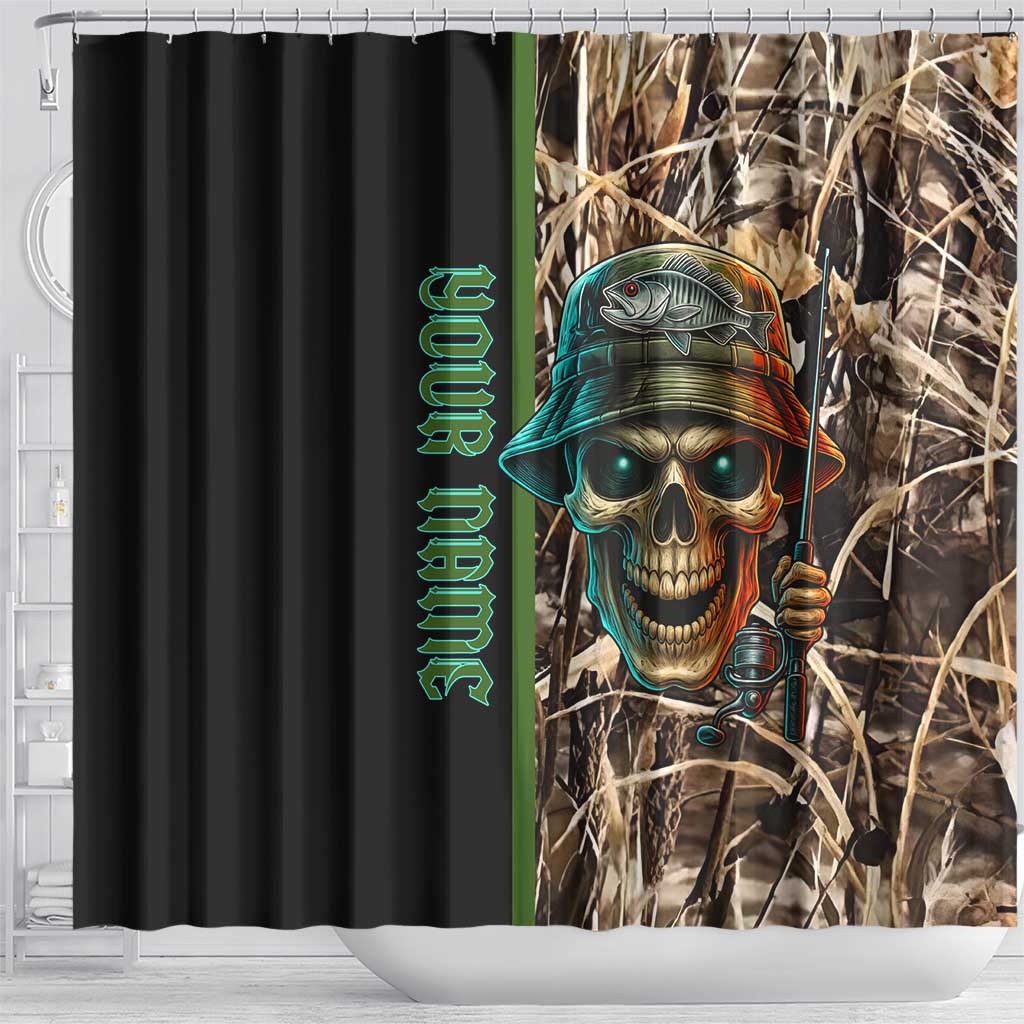 Personalized Fish Reaper Skull Shower Curtain Camouflage Background and Fishing Rod Graphic Design - Wonder Print Shop