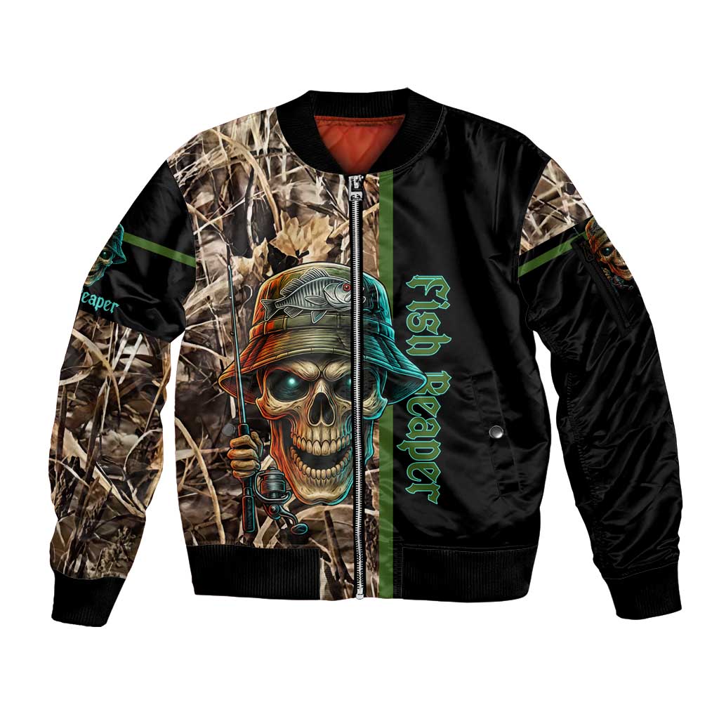 Personalized Fish Reaper Skull Sleeve Zip Bomber Jacket Camouflage Background and Fishing Rod Graphic Design - Wonder Print Shop