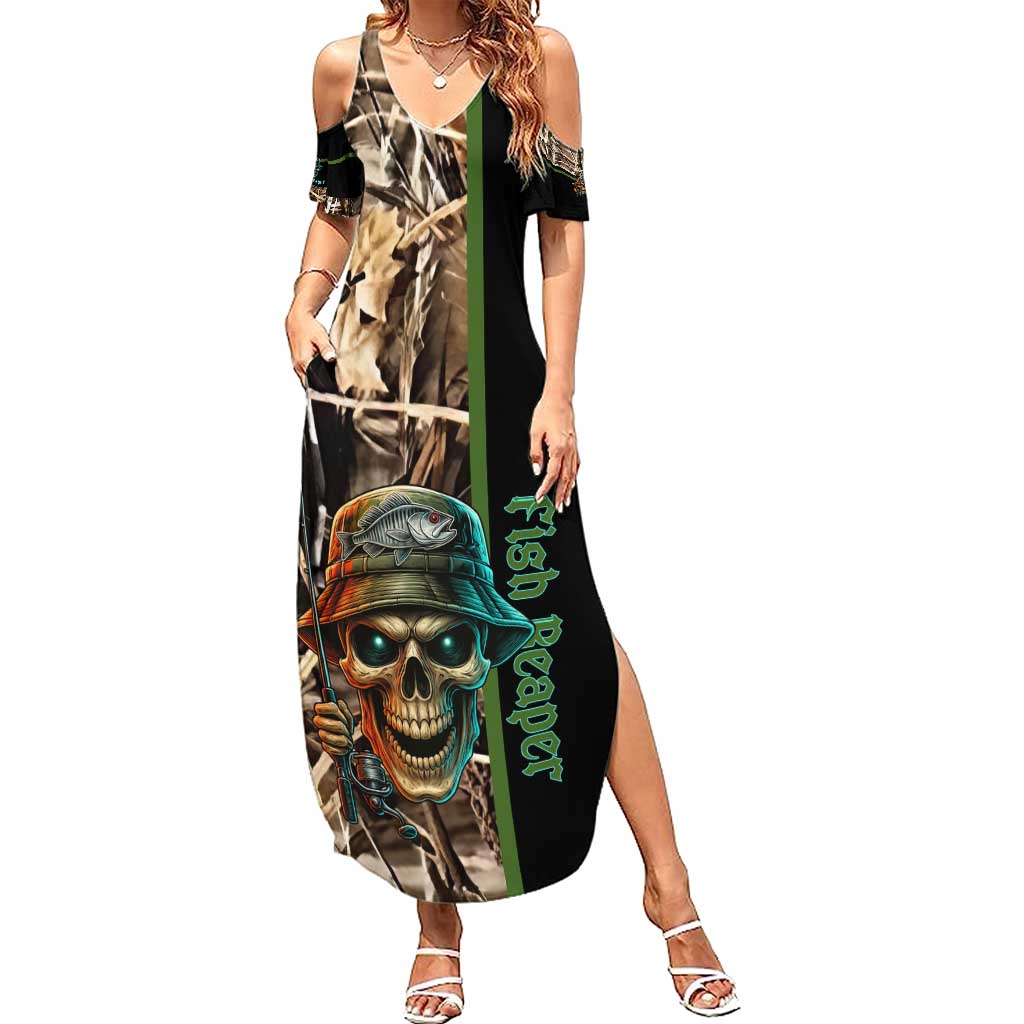 Personalized Fish Reaper Skull Summer Maxi Dress Camouflage Background and Fishing Rod Graphic Design - Wonder Print Shop