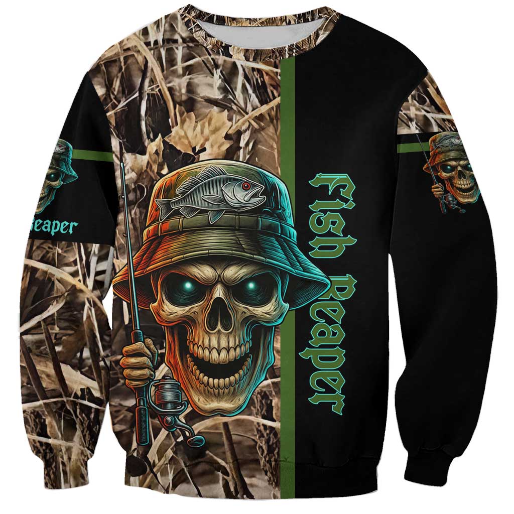 Personalized Fish Reaper Skull Sweatshirt Camouflage Background and Fishing Rod Graphic Design - Wonder Print Shop
