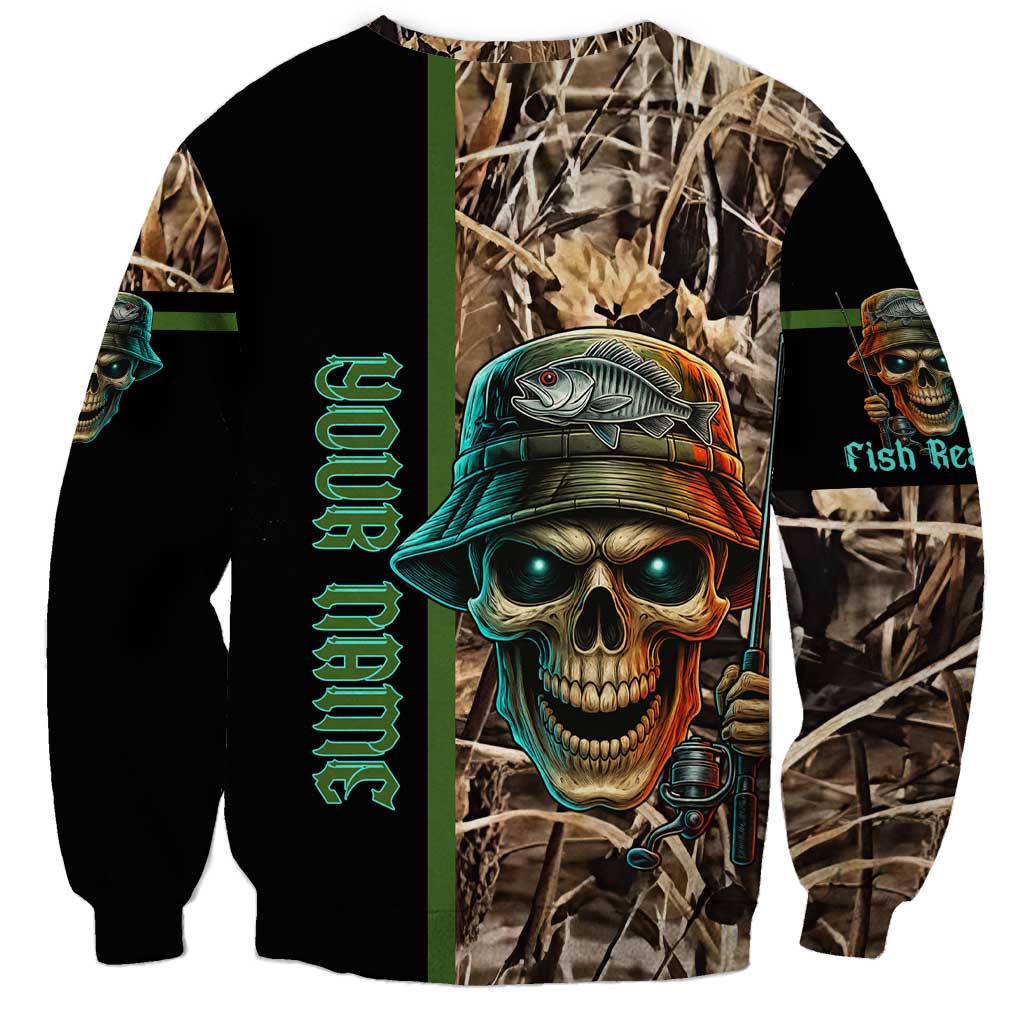 Personalized Fish Reaper Skull Sweatshirt Camouflage Background and Fishing Rod Graphic Design - Wonder Print Shop