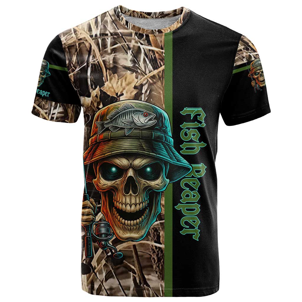 Personalized Fish Reaper Skull T Shirt Camouflage Background and Fishing Rod Graphic Design - Wonder Print Shop