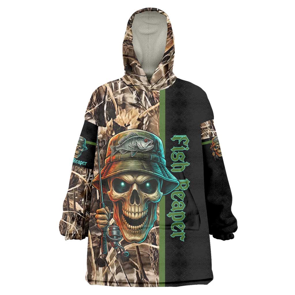 Personalized Fish Reaper Skull Wearable Blanket Hoodie Camouflage Background and Fishing Rod Graphic Design - Wonder Print Shop