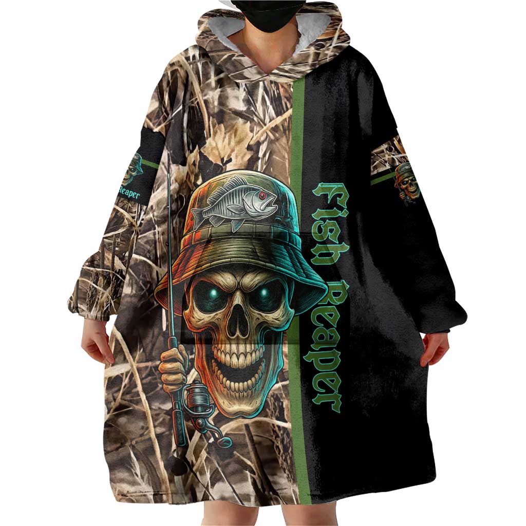 Personalized Fish Reaper Skull Wearable Blanket Hoodie Camouflage Background and Fishing Rod Graphic Design - Wonder Print Shop