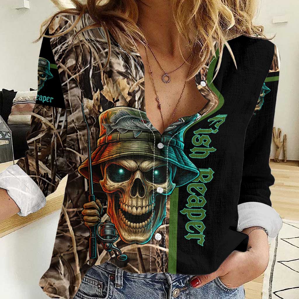 Personalized Fish Reaper Skull Women Casual Shirt Camouflage Background and Fishing Rod Graphic Design - Wonder Print Shop