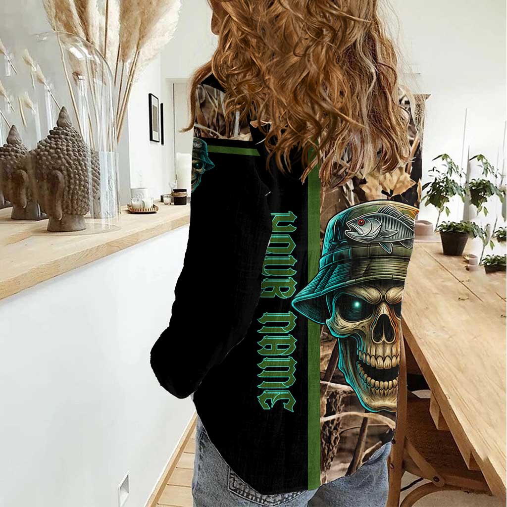 Personalized Fish Reaper Skull Women Casual Shirt Camouflage Background and Fishing Rod Graphic Design - Wonder Print Shop