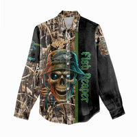 Personalized Fish Reaper Skull Women Casual Shirt Camouflage Background and Fishing Rod Graphic Design - Wonder Print Shop