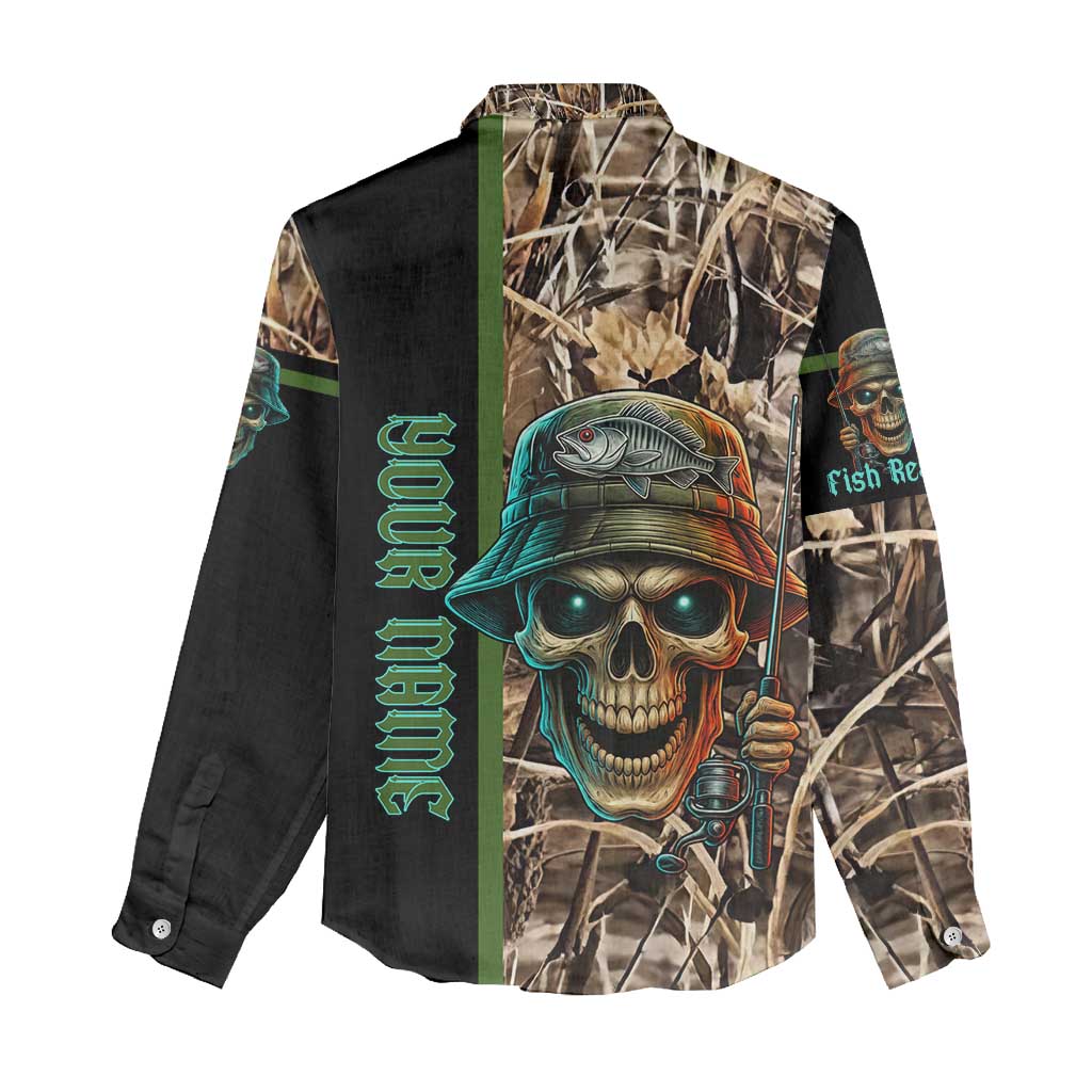 Personalized Fish Reaper Skull Women Casual Shirt Camouflage Background and Fishing Rod Graphic Design - Wonder Print Shop