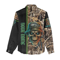 Personalized Fish Reaper Skull Women Casual Shirt Camouflage Background and Fishing Rod Graphic Design - Wonder Print Shop