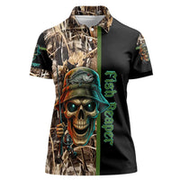 Personalized Fish Reaper Skull Women Polo Shirt Camouflage Background and Fishing Rod Graphic Design - Wonder Print Shop