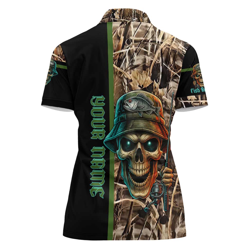 Personalized Fish Reaper Skull Women Polo Shirt Camouflage Background and Fishing Rod Graphic Design - Wonder Print Shop