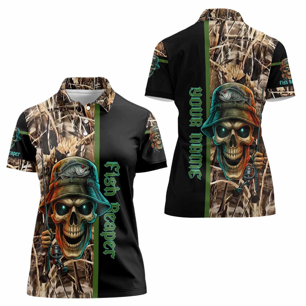 Personalized Fish Reaper Skull Women Polo Shirt Camouflage Background and Fishing Rod Graphic Design - Wonder Print Shop
