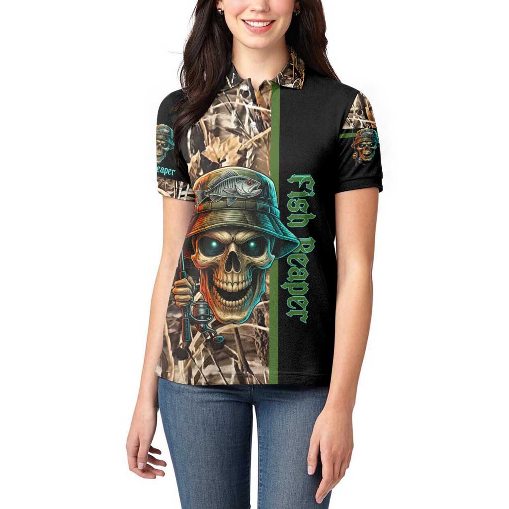 Personalized Fish Reaper Skull Women Polo Shirt Camouflage Background and Fishing Rod Graphic Design - Wonder Print Shop