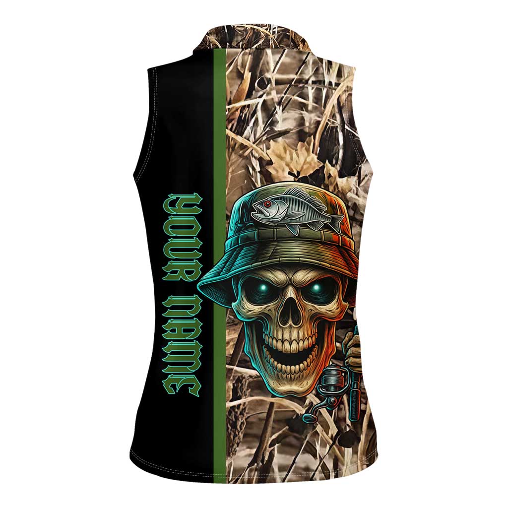 Personalized Fish Reaper Skull Women Sleeveless Polo Shirt Camouflage Background and Fishing Rod Graphic Design - Wonder Print Shop
