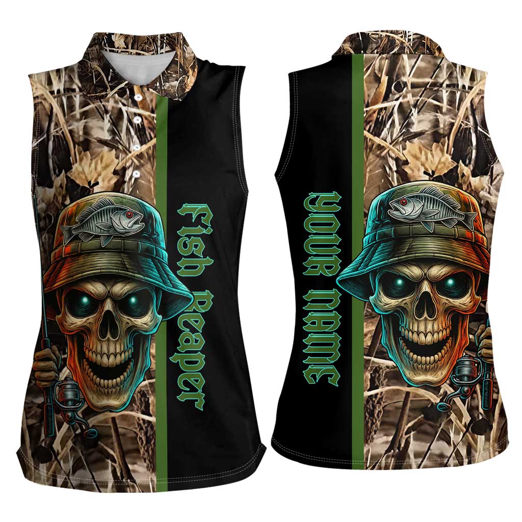 Personalized Fish Reaper Skull Women Sleeveless Polo Shirt Camouflage Background and Fishing Rod Graphic Design - Wonder Print Shop