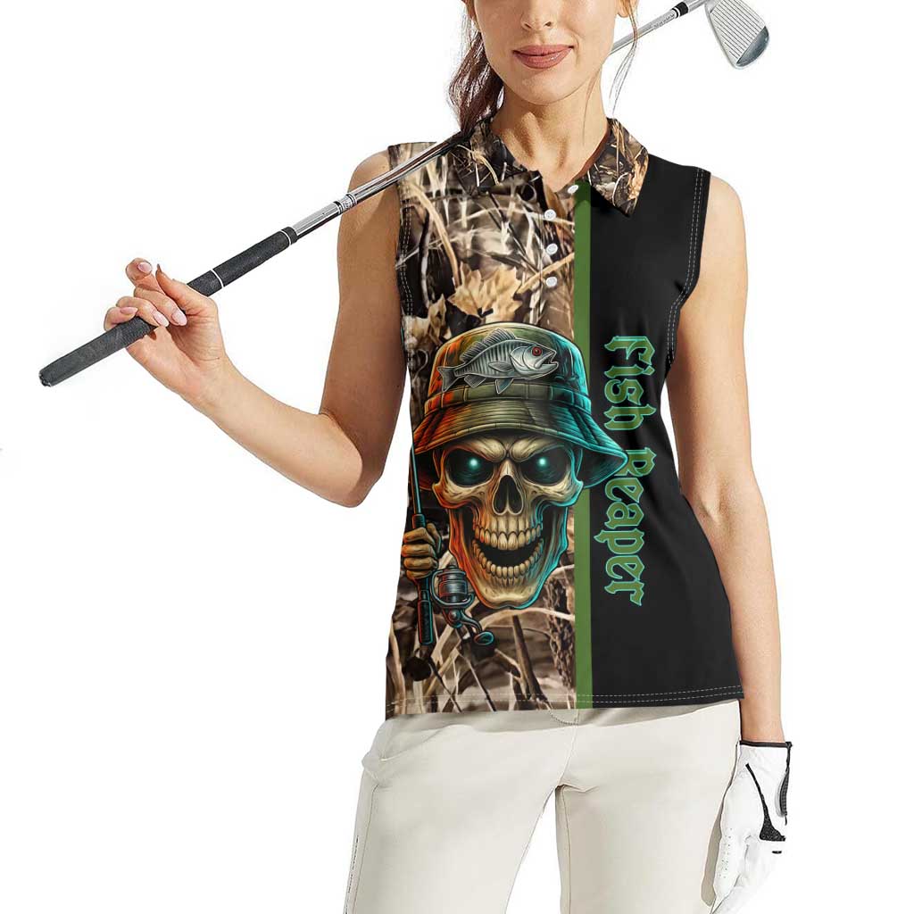 Personalized Fish Reaper Skull Women Sleeveless Polo Shirt Camouflage Background and Fishing Rod Graphic Design - Wonder Print Shop