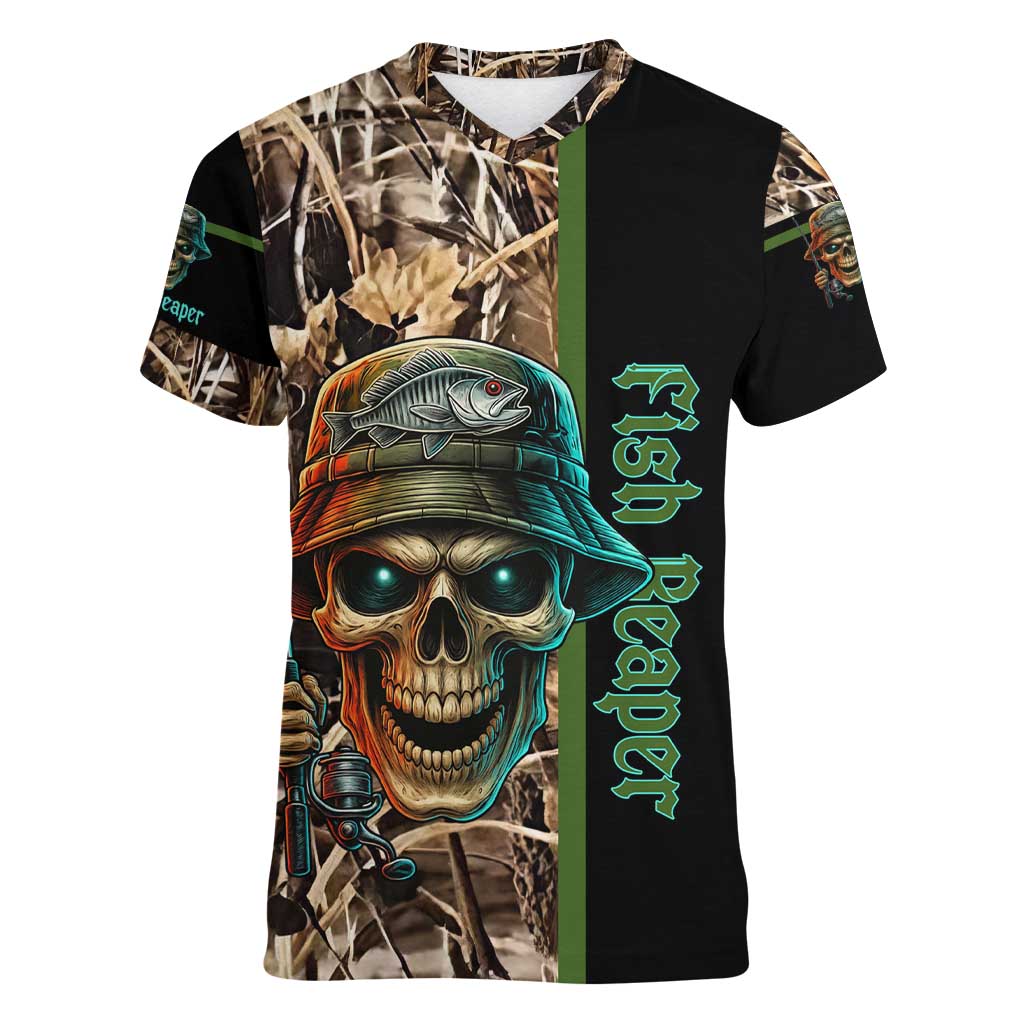 Personalized Fish Reaper Skull Women V-Neck T-Shirt Camouflage Background and Fishing Rod Graphic Design - Wonder Print Shop