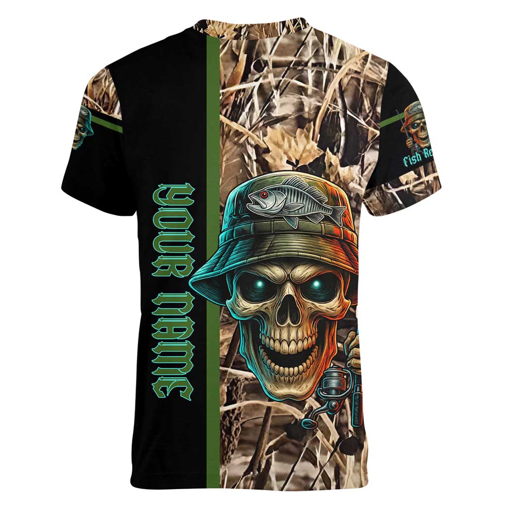 Personalized Fish Reaper Skull Women V-Neck T-Shirt Camouflage Background and Fishing Rod Graphic Design - Wonder Print Shop