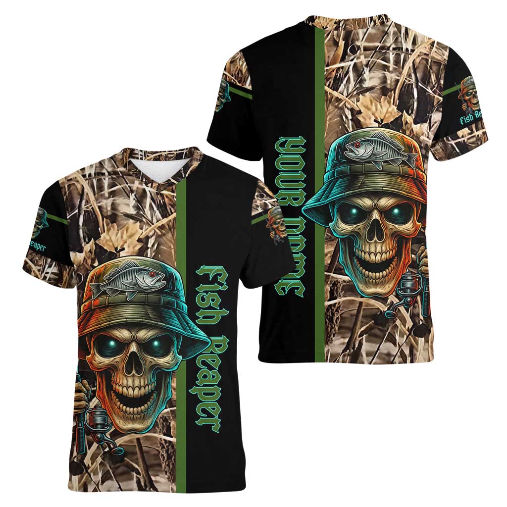 Personalized Fish Reaper Skull Women V-Neck T-Shirt Camouflage Background and Fishing Rod Graphic Design - Wonder Print Shop