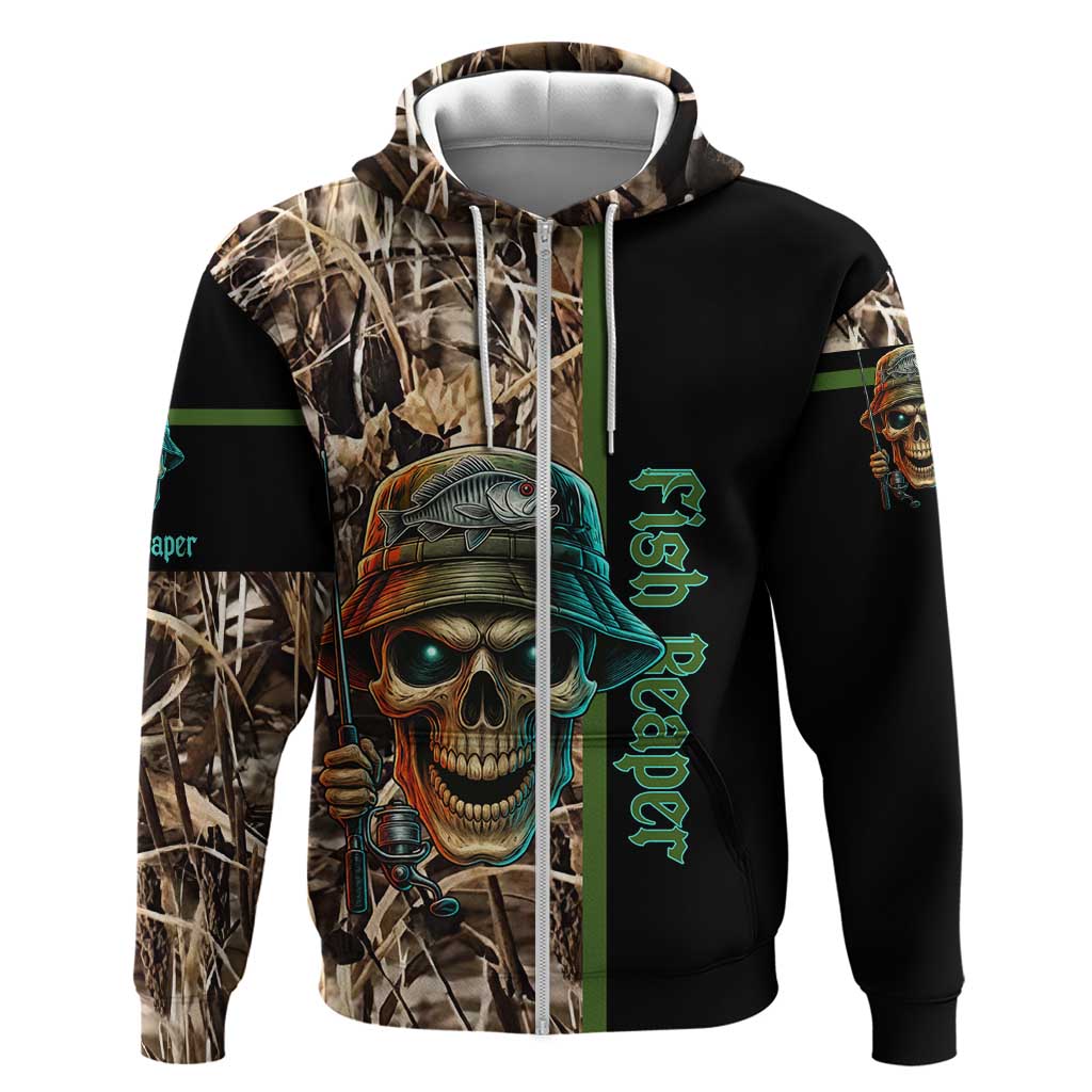 Personalized Fish Reaper Skull Zip Hoodie Camouflage Background and Fishing Rod Graphic Design - Wonder Print Shop