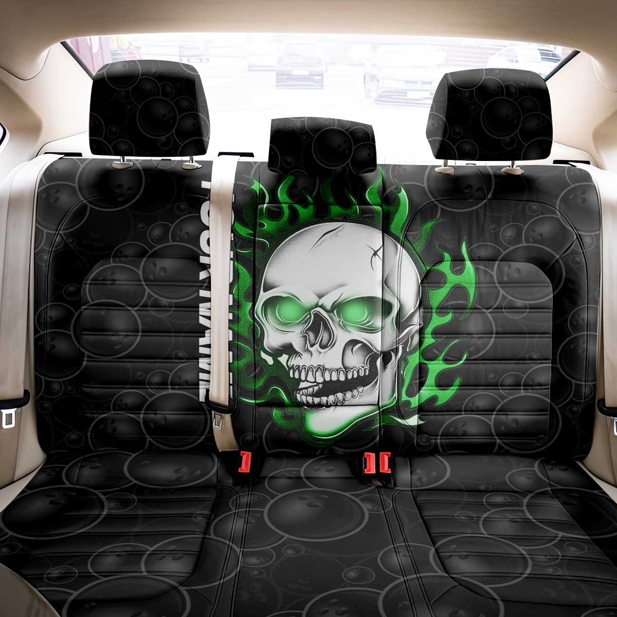 Personalized Skull Bowling Back Car Seat Cover Green Flame Skull - Wonder Print Shop